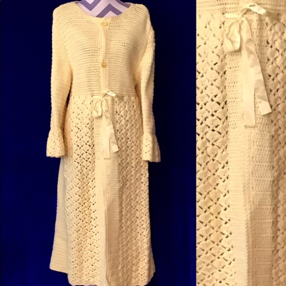 Vintage Sweaters - Vintage Handmade Crocheted Yellow Duster